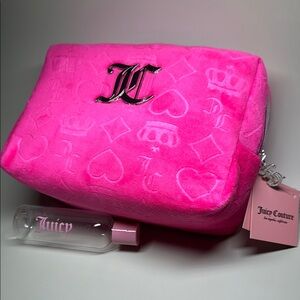 Juicy Couture Pink Embossed Cosmetic Bag with Small Refillable Travel Bottle NWT